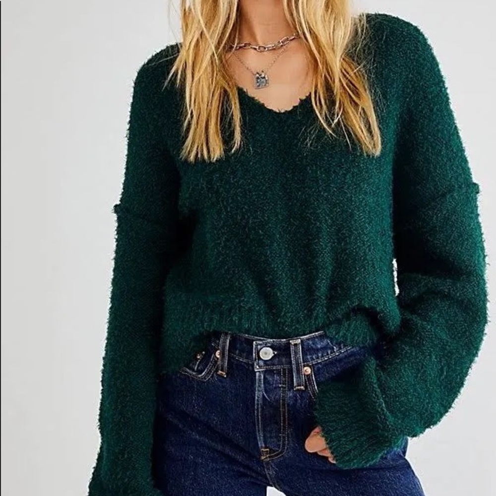 Free People Theo v neck blue green sweater